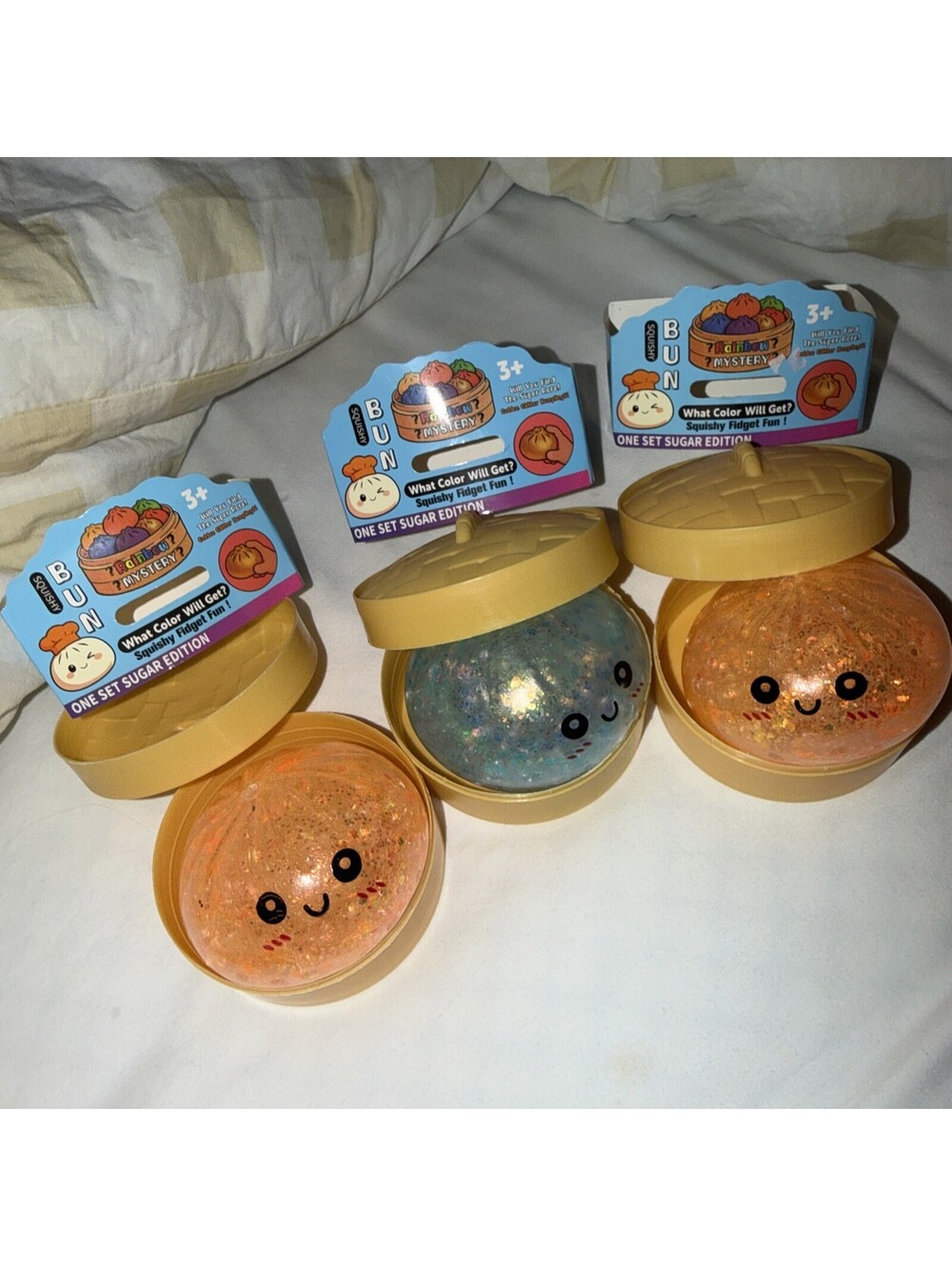 THREE Standard Size Squishy Buns sugar edition 1 blue Glitter 2 Orange Edition